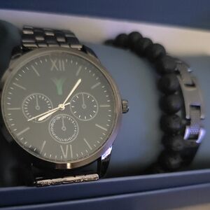Men's Black Stainless Steel Chronograph Watch with 2 Bracelets